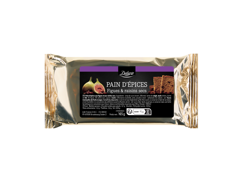 DELUXE Pain D'Épices 165g: pain d'épices aux figues et raisins secs dans un emballage doré.