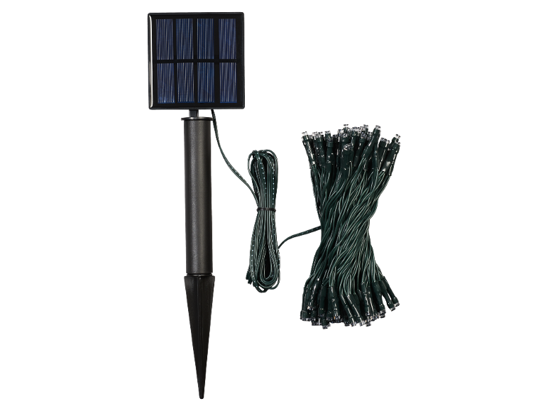 Guirlande lumineuse solaire avec panneau solaire et piquet de terre.