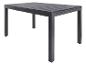 Une table de jardin rectangulaire noire avec un plateau en bois.