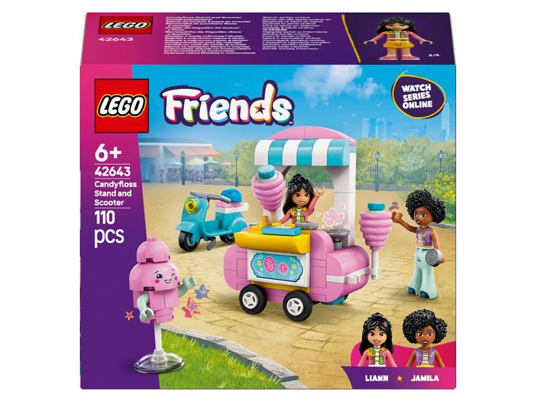 Ensemble Lego Friends avec un stand de barbe à papa et un scooter.