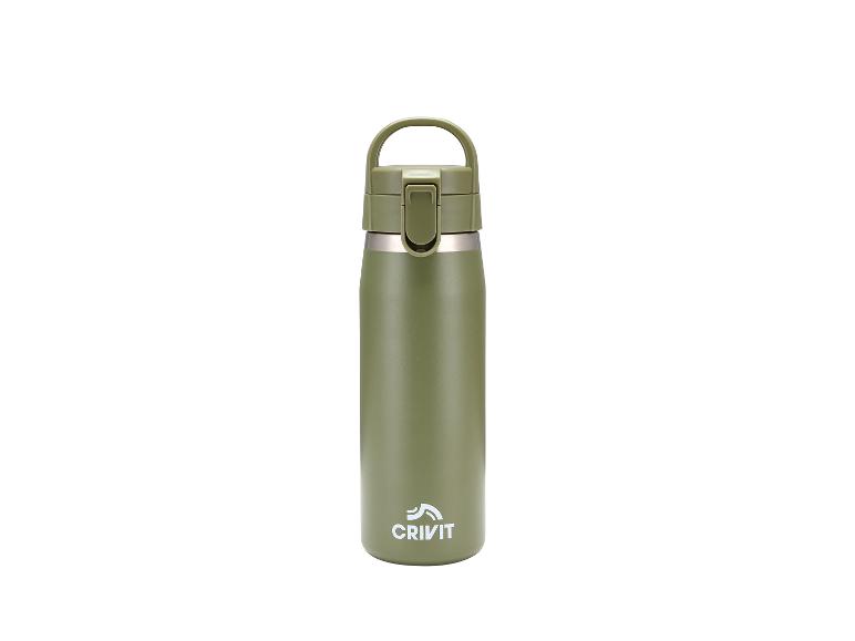 Bouteille isotherme vert olive en acier inoxydable avec poignée et bouchon à clapet.