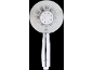 Pommeau de douche rond transparent avec lumières LED et poignée chromée.