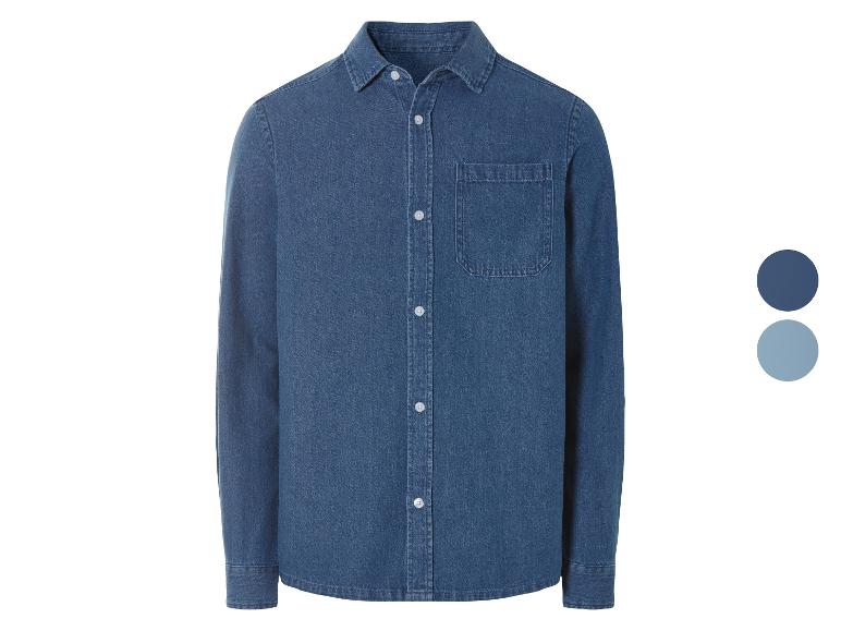 Chemise en jean bleu foncé, coupe classique.