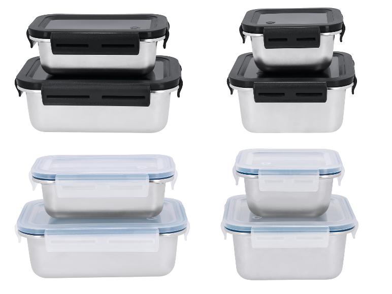 Récipients alimentaires en acier inoxydable avec couvercles en plastique noirs et transparents, de différentes tailles.