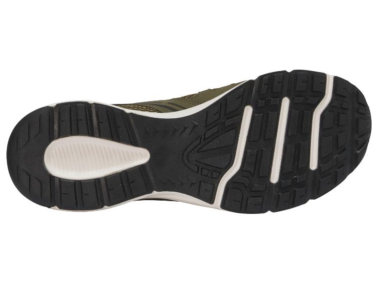 Semelle d'une chaussure de sport verte avec bande de roulement noire et accents blancs.