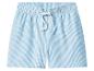 Short de bain rayé bleu et blanc avec taille élastique et cordon de serrage.