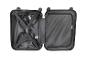 Valise de voyage ouverte avec doublure noire, sangles de maintien et compartiment zippé.
