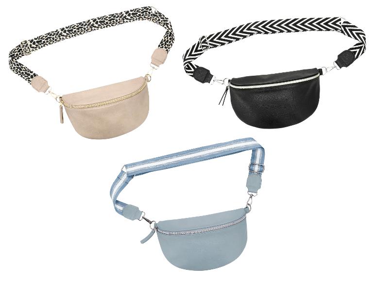 Trois sacs banane en beige, noir et bleu avec différentes sangles.