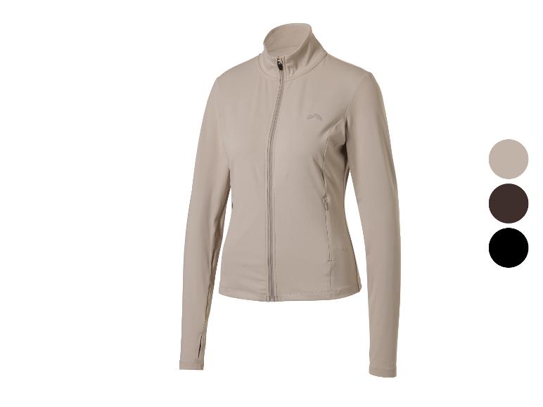 Veste de sport beige pour femme avec fermeture éclair et logo.