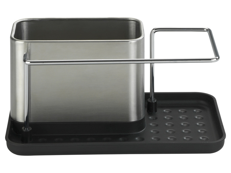 Un porte-couteaux en acier inoxydable avec un égouttoir noir.