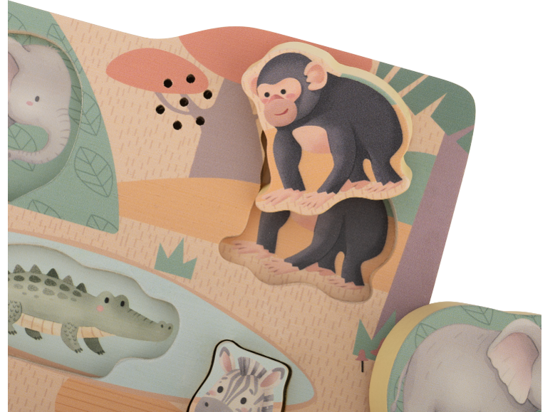 Puzzle en bois d'animaux avec pièces de singe, éléphant, crocodile et zèbre