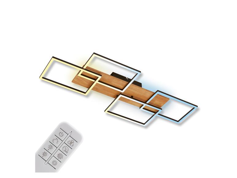 Plafonnier LED moderne en bois avec télécommande, présentant des formes géométriques illuminées.