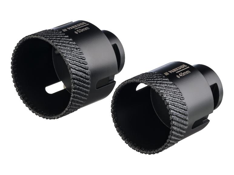 Deux trépans diamantés noirs, un de 53 mm et un de 45 mm