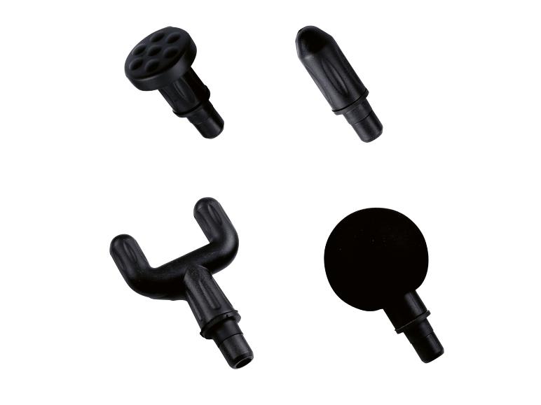 Quatre têtes de massage noires pour pistolet de massage, dont une plate, une en U, une ronde et une multi-points.
