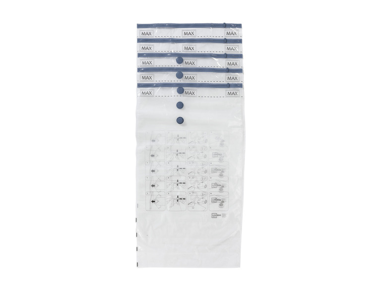 Six sacs sous vide avec la marque Livarno Home et des instructions d'utilisation.