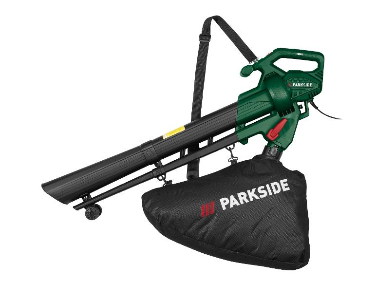 Souffleur de feuilles électrique vert avec sac de collecte noir et sangle d'épaule.