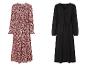 Deux robes longues : une avec un imprimé floral rouge et blanc et une robe noire.