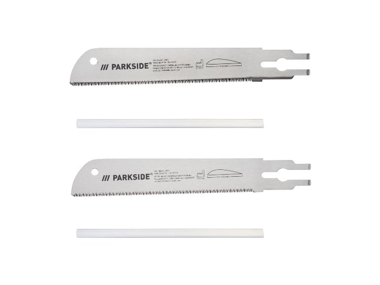 Deux lames de scie de 170 mm et deux bandes de plastique blanches.