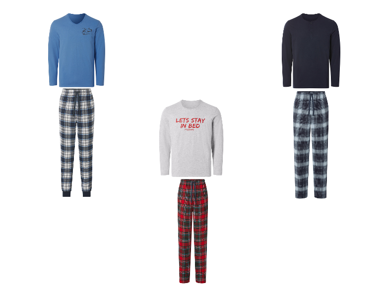 Trois ensembles de pyjamas pour hommes, avec des hauts à manches longues et des pantalons à carreaux.