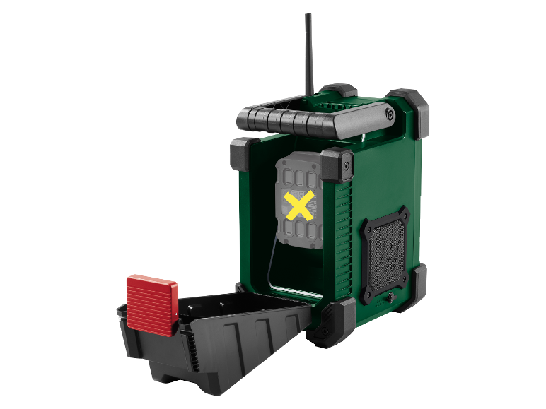Radio portable Bosch avec compartiment à outils.