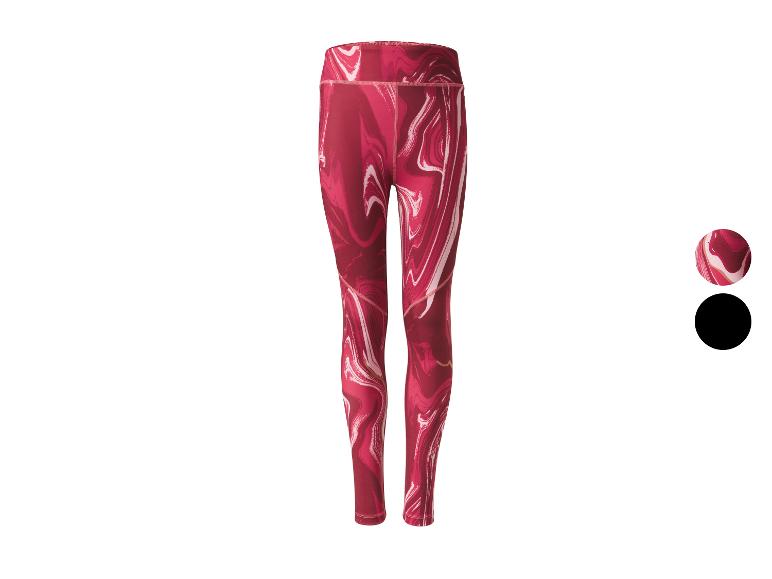 Legging de sport rouge avec motif marbré blanc et deux échantillons de couleur.