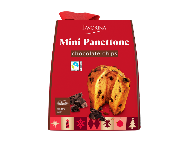 Mini Panettone aux pépites de chocolat, avec œufs de poules élevées au sol, Fairtrade, emballage festif.