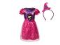 Robe d'Halloween violette et rose pour enfants avec motif de chien et chapeau de sorcière assorti.