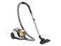 Aspirateur avec tuyau et buse, blanc et gris avec bac à poussière jaune.