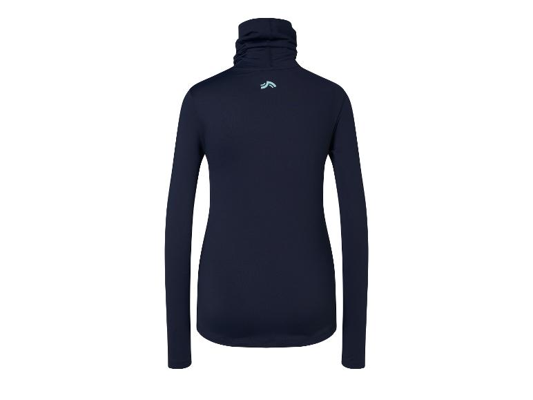 Haut à col roulé bleu foncé à manches longues avec un logo bleu clair au dos.