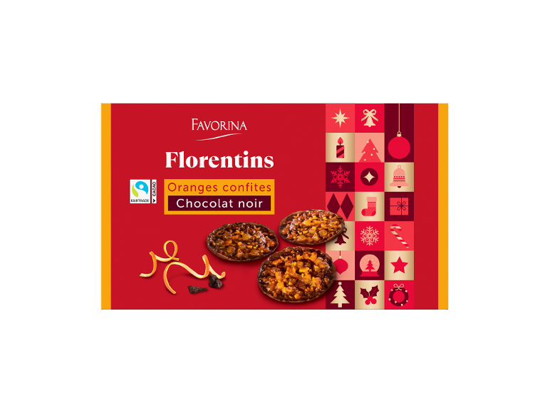Florentins aux oranges confites et chocolat noir, avec des décorations de Noël.