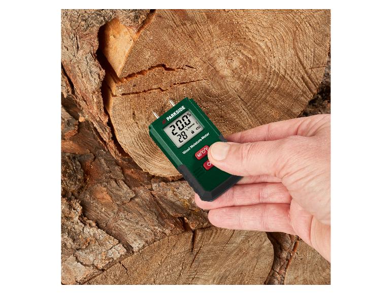 Humidimètre à bois PARKSIDE affichant 20,0 % d'humidité et 28 °C