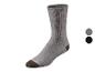Une chaussette grise avec talon et pointe marron foncé, présentée avec des échantillons de couleurs.
