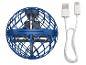 Une orbe volante bleue avec hélices et un câble de chargement USB-C blanc.