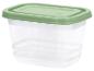 Boîte alimentaire en plastique transparent avec couvercle vert.