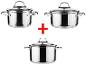Ensemble de trois casseroles inox avec couvercles en verre.