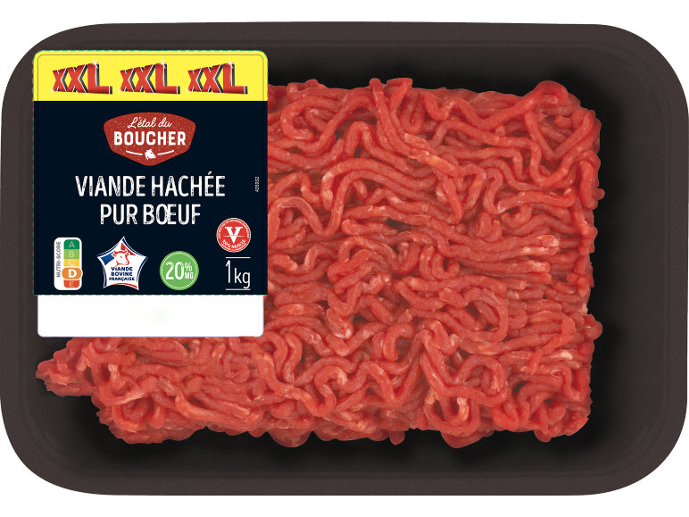 Barquette de viande hachée pur bœuf de 1 kg, 20% de matière grasse, Nutri-Score D.