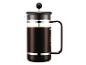 Cafetière Bodum French Press noire avec café sur fond blanc.