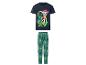 Pyjama enfant avec un t-shirt bleu foncé représentant Marshall et un pantalon vert à imprimé dinosaures.