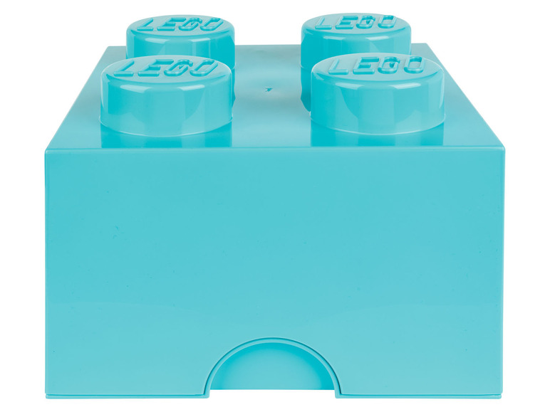 Boîte de rangement LEGO bleue avec quatre boutons.
