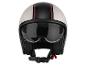 Casque de moto blanc avec bande noire et rouge, vue de face