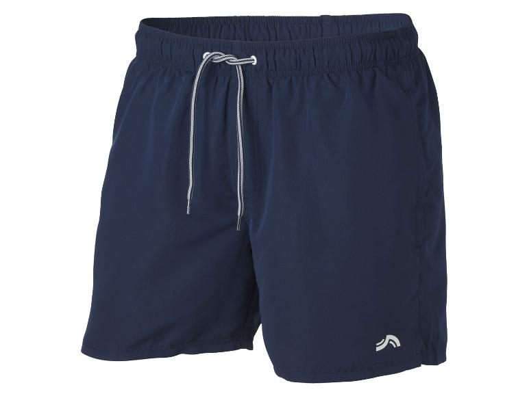Short de bain homme bleu foncé avec taille élastique et cordon de serrage blanc.