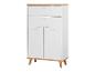 Armoire blanche avec deux portes et deux tiroirs sur pieds en bois.
