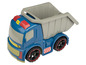 Un camion à benne basculante bleu en jouet avec une benne grise.
