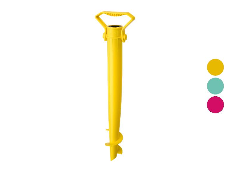 Ancre de sable jaune pour parasol de plage avec poignée et base à vis, avec échantillons de couleurs.