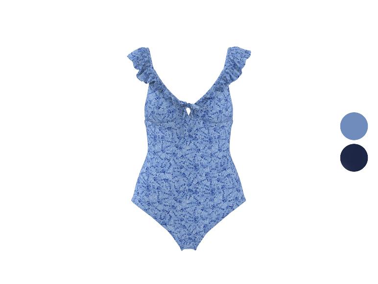Maillot de bain une pièce bleu à motif floral et volants aux épaules