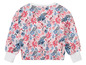 Pullover blanc à manches longues avec un imprimé floral rose, bleu et noir.
