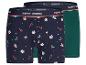 Deux boxers pour hommes, un bleu marine à motif de Noël et un vert uni.