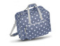 Un sac de voyage bleu à pois blancs.