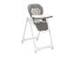 Chaise haute bébé grise et blanche avec plateau et roulettes