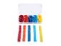 Assortiment de sangles scratch multicolores dans un boîtier : rouge, orange, bleu et jaune.